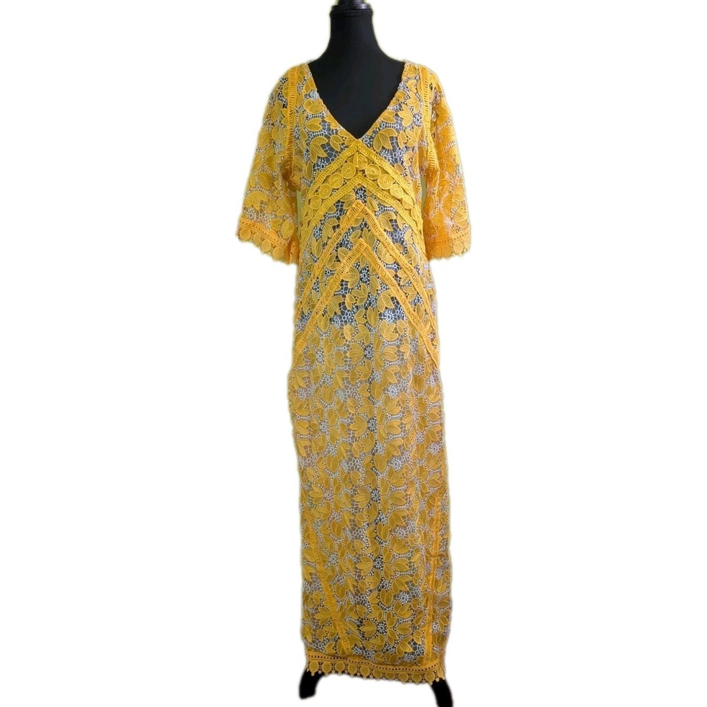 OSHOPLIVE Yellow White Lace Crochet Maxi Dress Boho Festival NWT Size S Ethereal